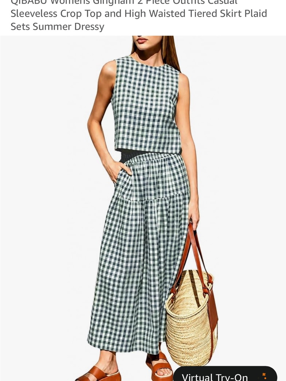 Sleeveless Gingham Tiered Maxi Skirt - Green/White